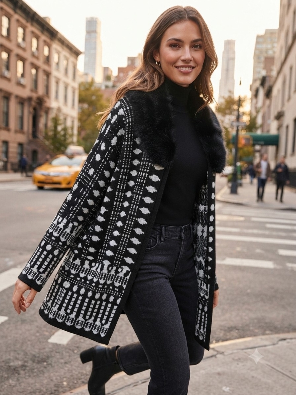 Chico's Black & White Patterned Open Cardigan with Faux Fur Collar